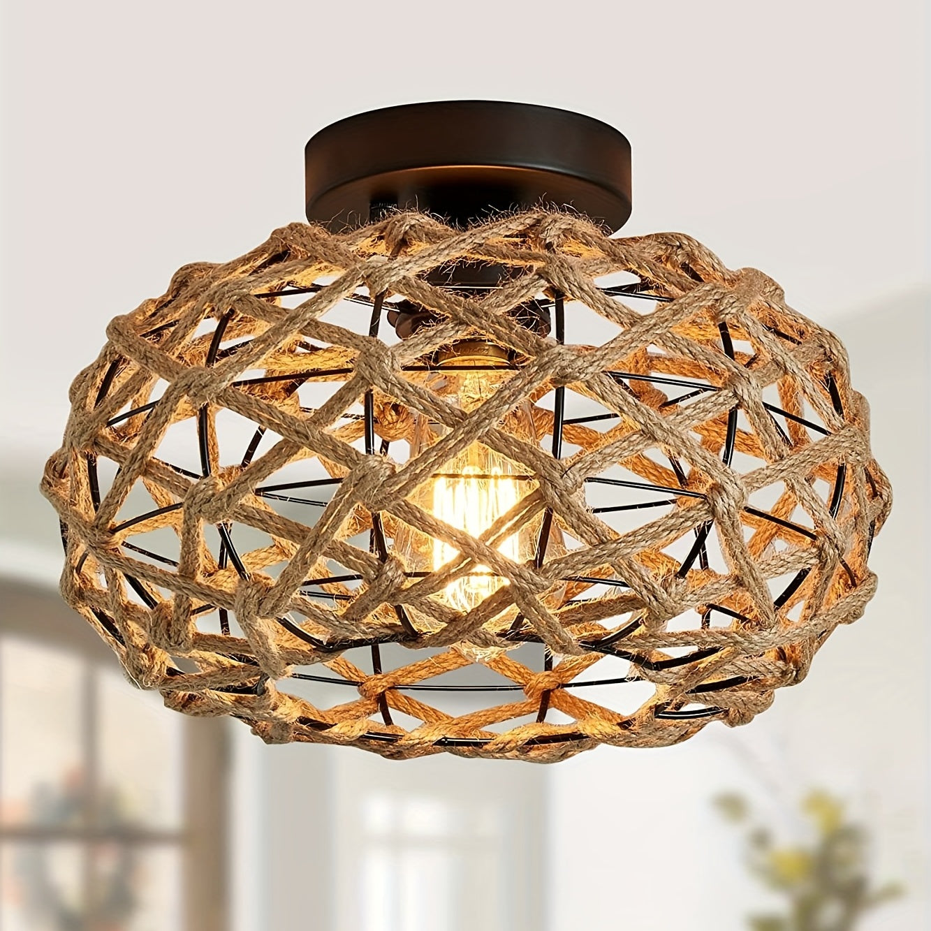 Boho Woven Hemp Ceiling Light Coastal Rustic Elegance