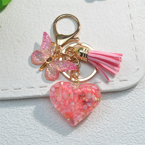 Exquisite Heart Charms Keychains With Butterfly Tassel Shiny Sequin