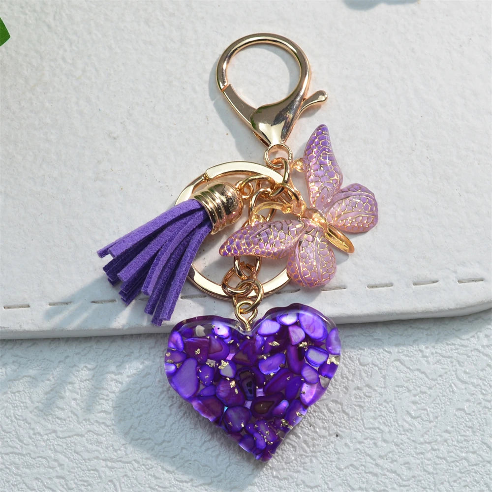 Exquisite Heart Charms Keychains With Butterfly Tassel Shiny Sequin