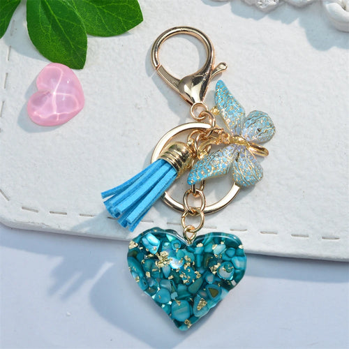 Exquisite Heart Charms Keychains With Butterfly Tassel Shiny Sequin