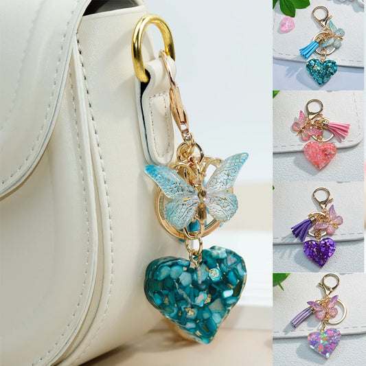 Exquisite Heart Charms Keychains With Butterfly Tassel Shiny Sequin