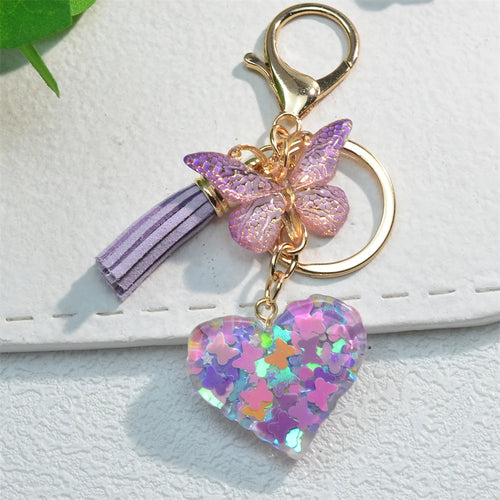 Exquisite Heart Charms Keychains With Butterfly Tassel Shiny Sequin