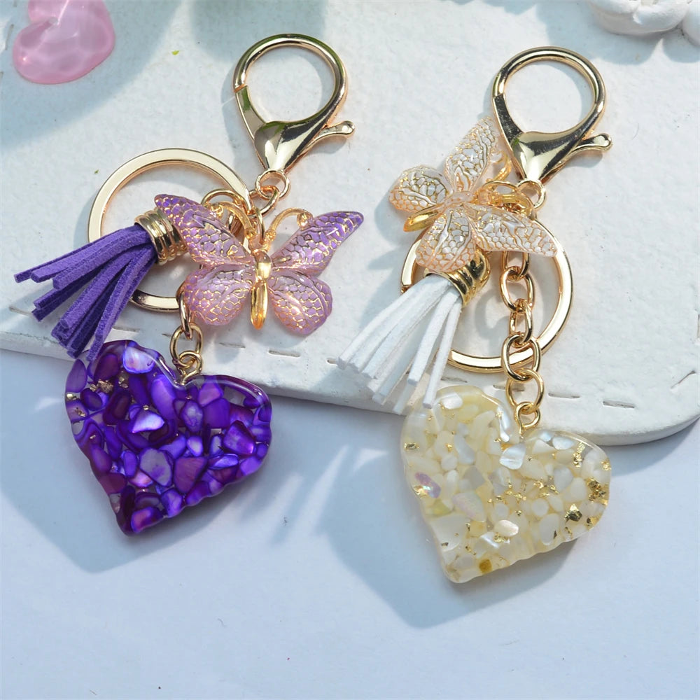 Exquisite Heart Charms Keychains With Butterfly Tassel Shiny Sequin