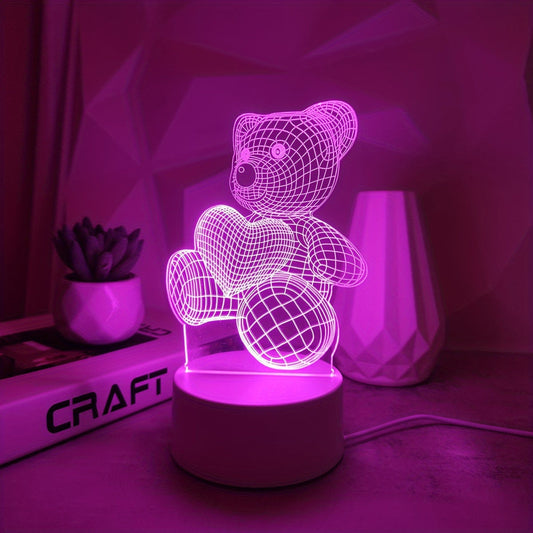 USB Romantic Pink Heart Bear 3D Night Light Decor