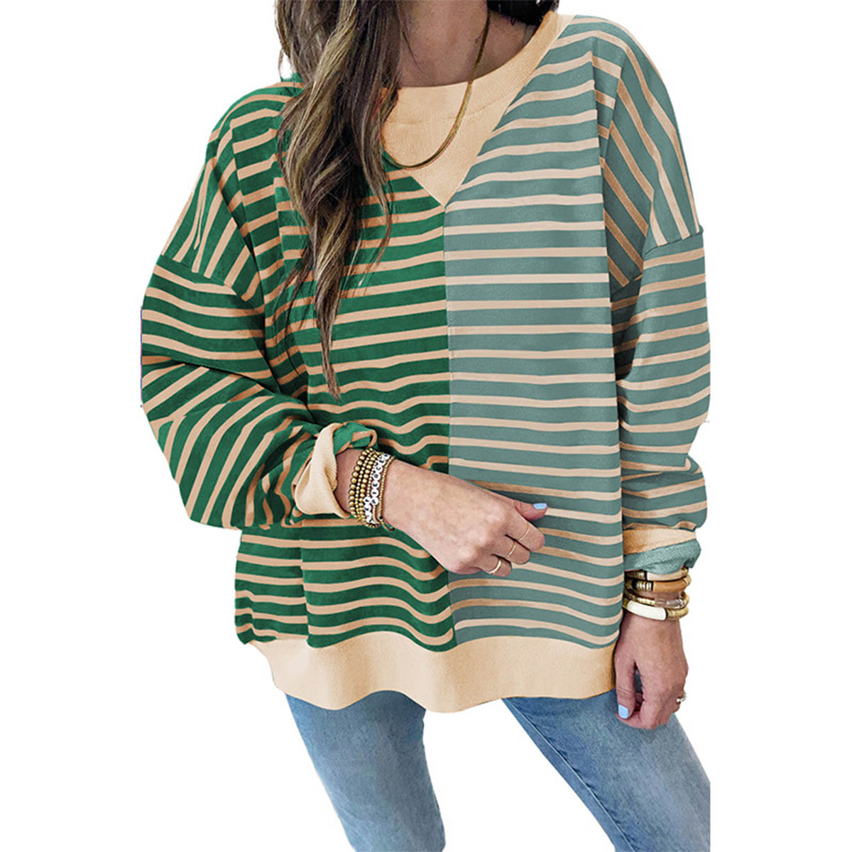 Women Stripe Color Block Drop Shoulder Pullover Sweatshirt