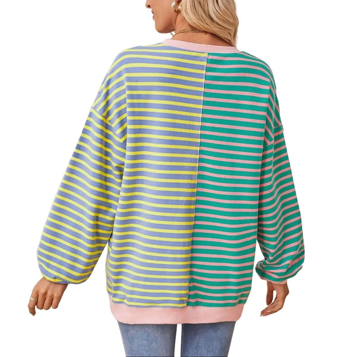 Women Stripe Color Block Drop Shoulder Pullover Sweatshirt