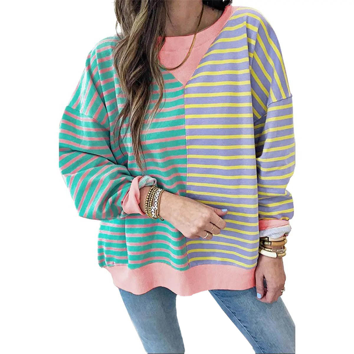 Women Stripe Color Block Drop Shoulder Pullover Sweatshirt